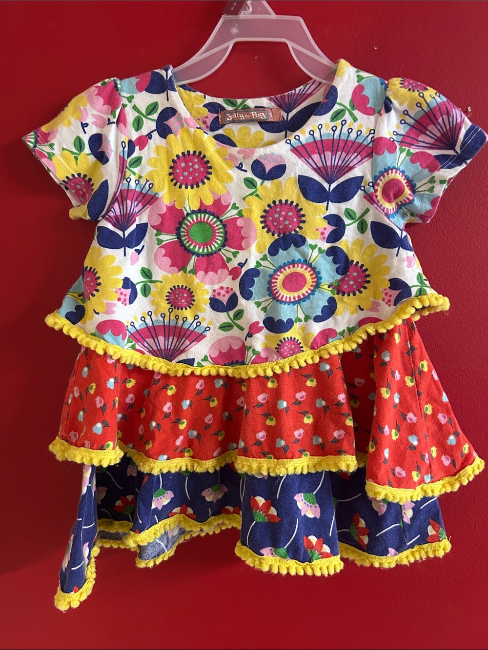 Jelly The Pug Multicolor Floral Tiered Ruffle Top with Yellow Trim size 5